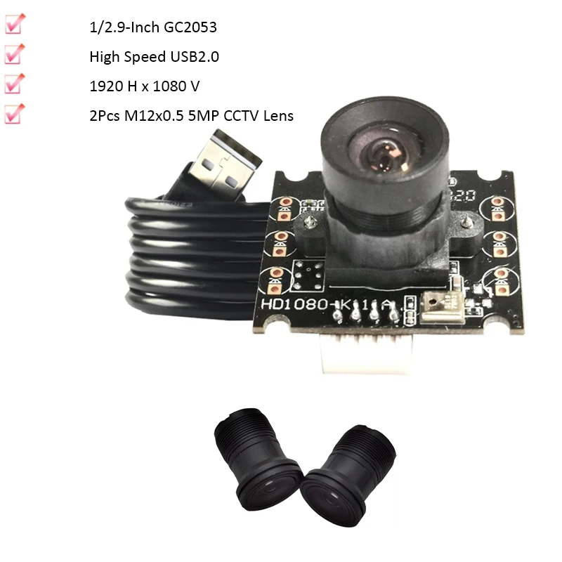 

2MP HD 1080P CMOS GC2053 Sensor FF 95° 30FPS USB Camera Modules + 2Pcs M12x0.5 5MP CCTV Lens