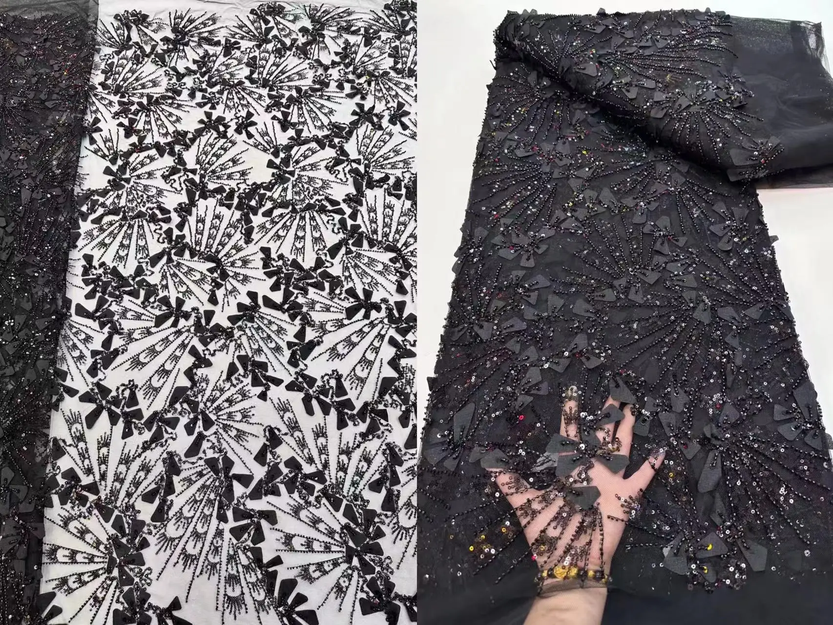 

504SU 3D Luxurious Black Cord lace Fabric Nigeria 2023 Embroidery Net With Beads African Wedding Fabric