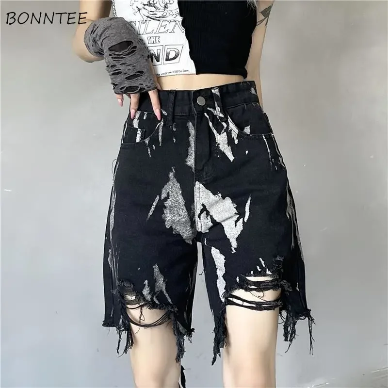 

Shorts Women Summer S-5XL High Street Denim Knee-length Hole Tassel Straight Gothic Tie Dye All-match Handsome Streetwear Do Old