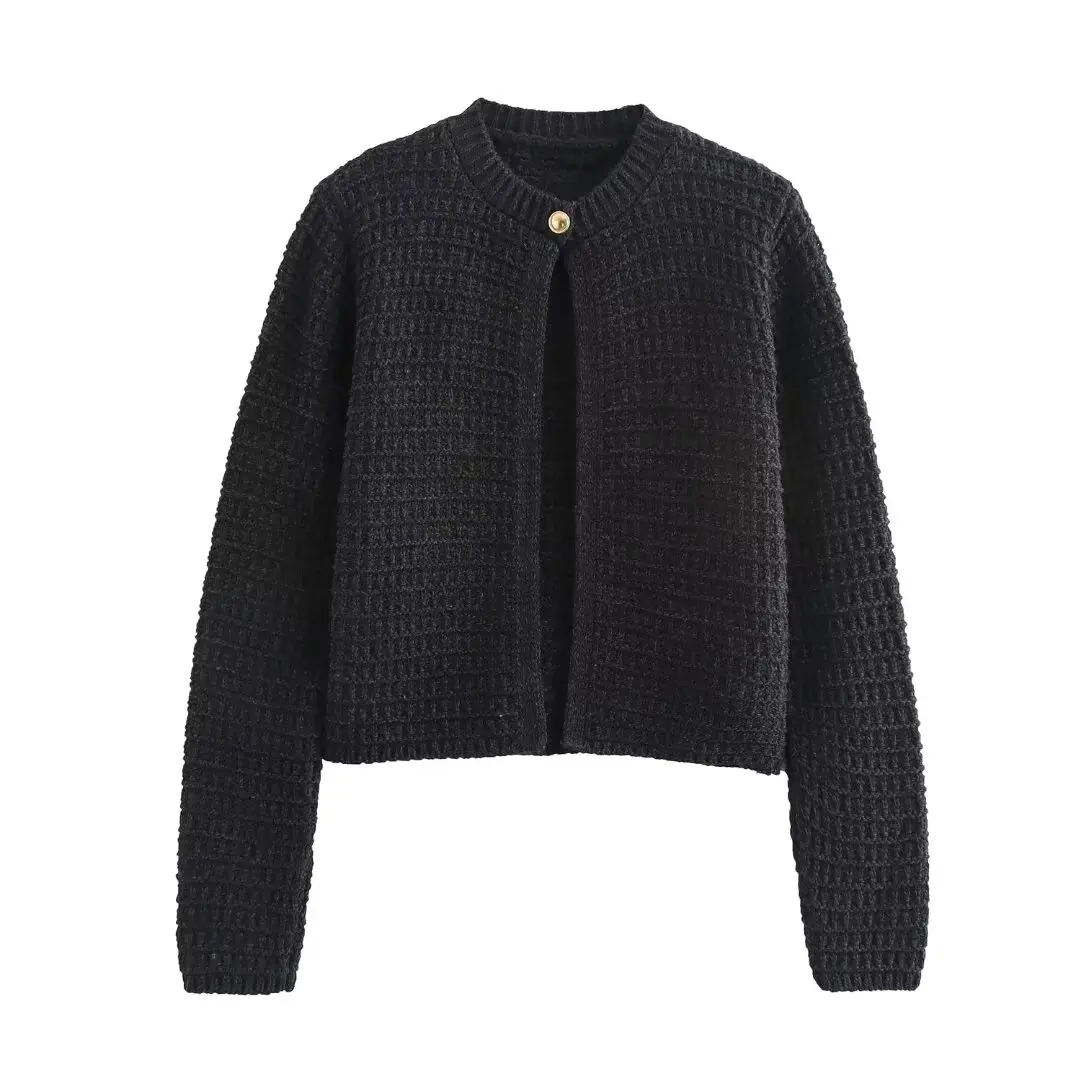 HH TRAF Suéter tipo cárdigan de manga larga con un solo botón, versátil, con cuello redondo y estilo callejero para mujer, elegante y casual