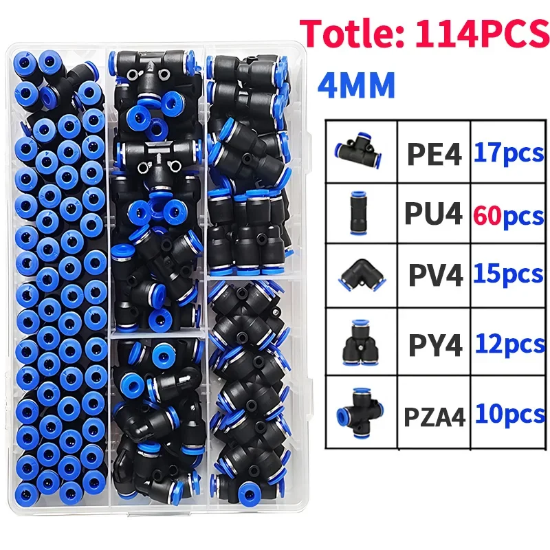박스형 공압 피팅, PU-4, PE-4, PZA-4, PY-4, PV-4, PG-4 퀵릴리즈 커넥터 키트, 4mm 플라스틱 호스 커플링, 114 PCs