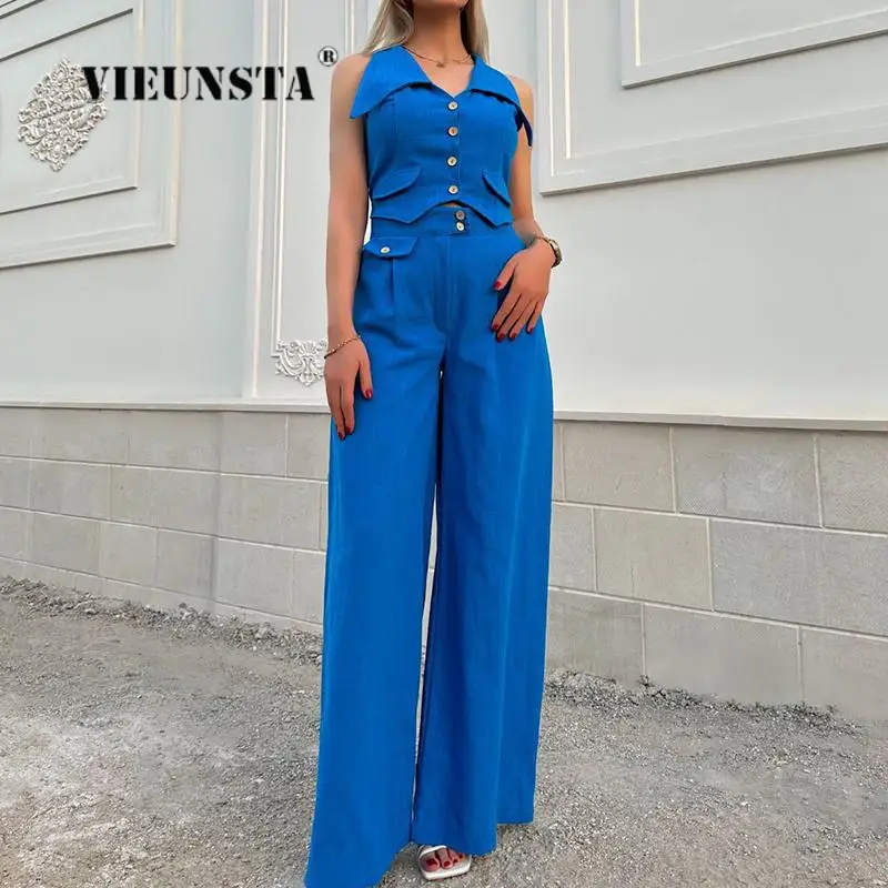

Office Lady Fashion Sleeveless Vest Woman Button Crop Top Jacket Women's Suit Vest Streetwear Waistcoat Women Long Pants 2pc Set