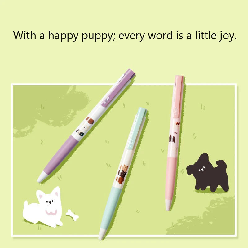 KACO Cute Happy Puppy Gel Pen Set,3pcs K7 Push 0.5 Black Core boligrafo kawaii Quick Drying ручка papeleria divertida For Girls 3