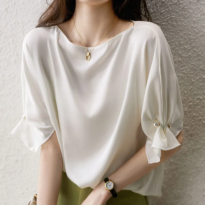 

Mujer Tops for Women Fashion Elegant 2022 Summer Beading Chiffon Blouses Casual Shirts Blusas Pullover White Black Solid 2937