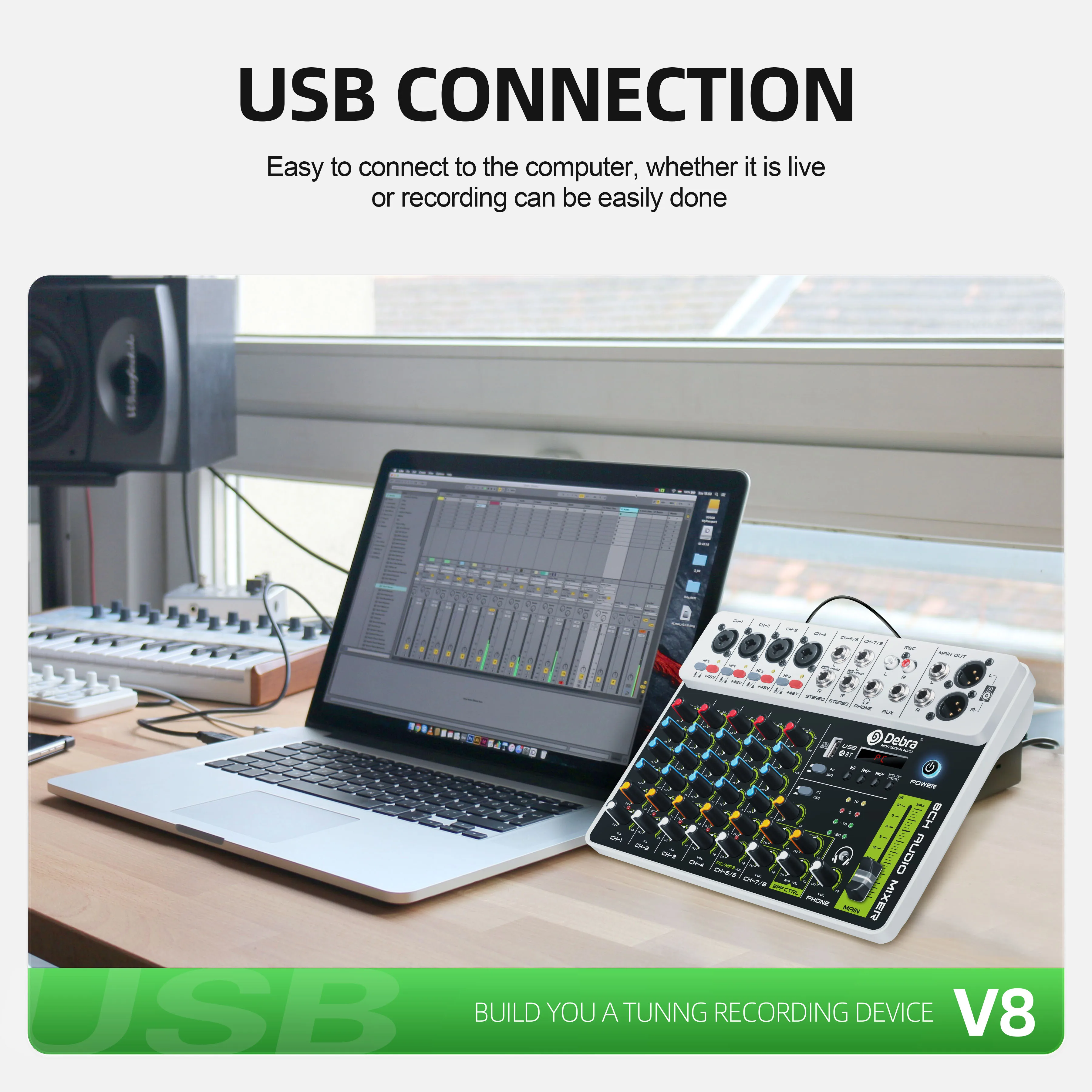 블루투스 5.0 및 USB 팬텀 파워를 갖춘 Debra V4/V8 오디오 믹서, 딜레이 리플레이 효과가 있는 PC 녹음용 DJ 믹서