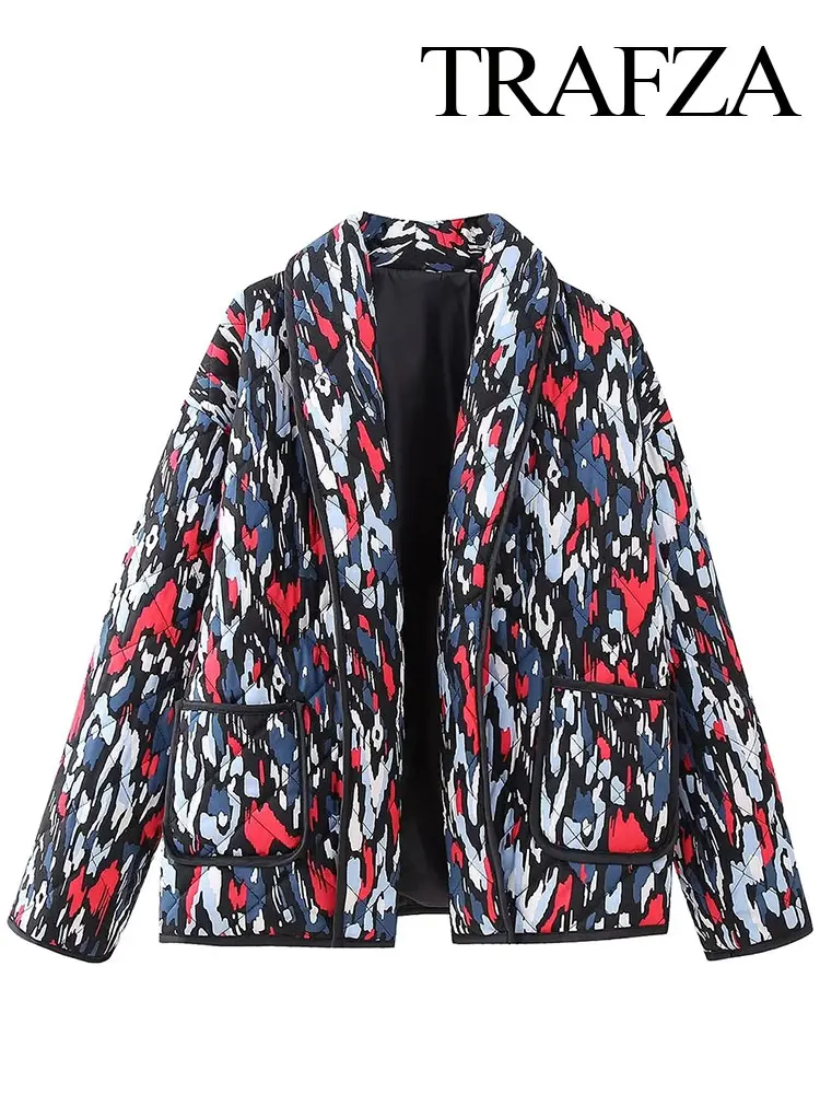 

TRAFZA Women Fashion Coats Irregular Print Turn Down Collar Long Sleeve Quilted Loose Coat Woman Outerwear Mujer Winter Coat