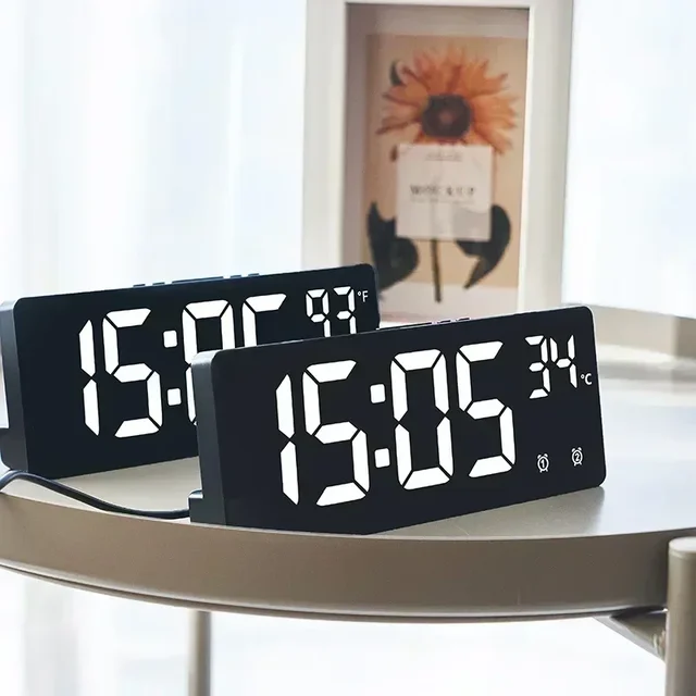 Voice Control Digital Alarm Clock Temperature Dual Alarm Snooze Desktop Table Clock Night Mode 12/24H LED Clock Watch Desk 2