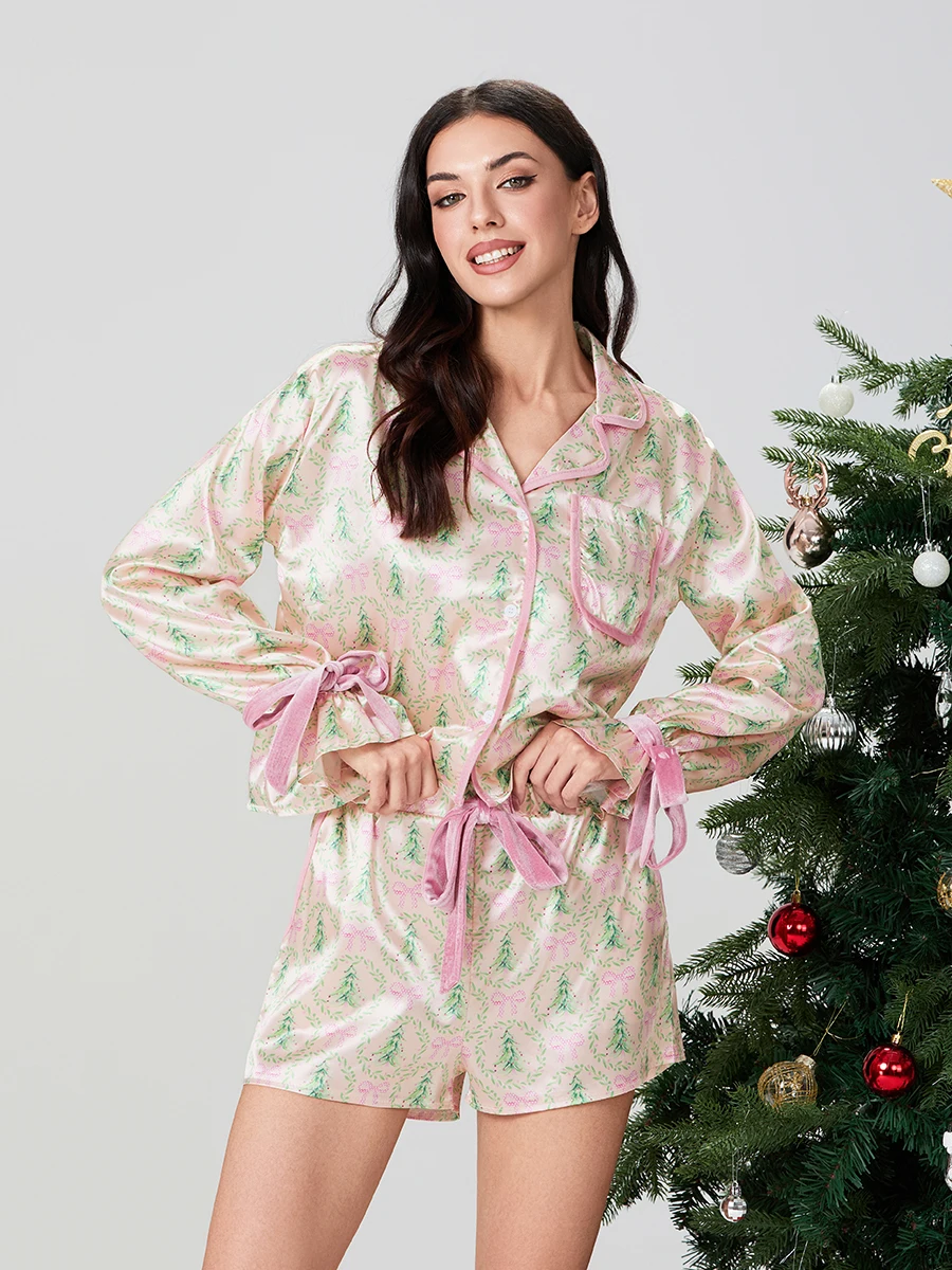 Festive Women's Satin Silk Pajama Set - Bow Tie Long Sleeve Shirt & Shorts