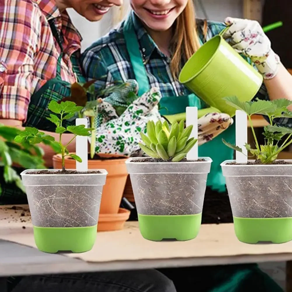 6 plastic square flower pots, transparent planting and seedling pots, reusable, breathable with silicone bottom and label