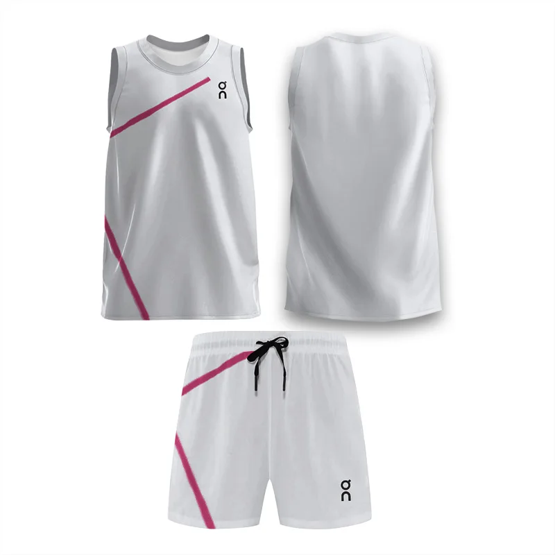 

Men's Summer Pink Line White Printed Sleeveless Sports Vest Shorts Tennis Badminton Set Fast Dry Sweat Run Fitness Two-Piece Set