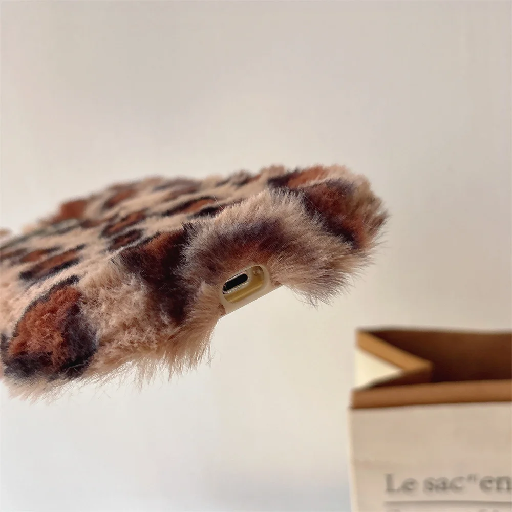 Chic Leopard Fluffy Fur Case with Kickstand and Camera Protection Frame
