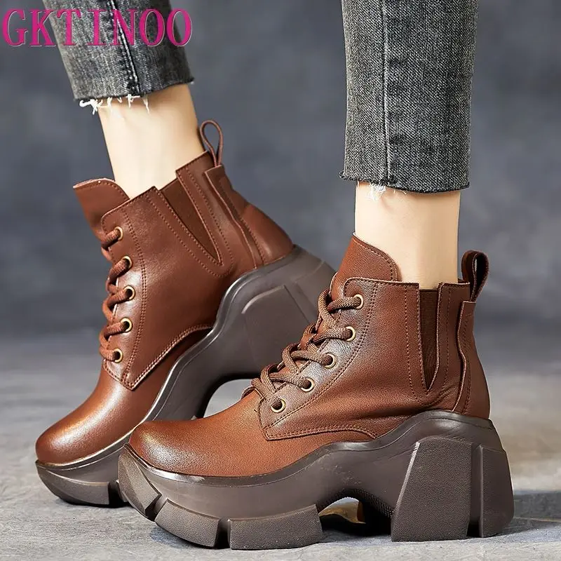 

Platform Ankle Boots for Women 2023 Autumn Winter Thick Bottom Lace Up Shoes Woman Retro Handmade Genuine Leather Short Boots