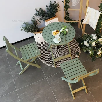 Set di mobili da giardino moderni Tavolo da pranzo e sedie pieghevoli in legno massello Set da terrazza portatile per cortile esterno Scrivania da studio per la casa X 1