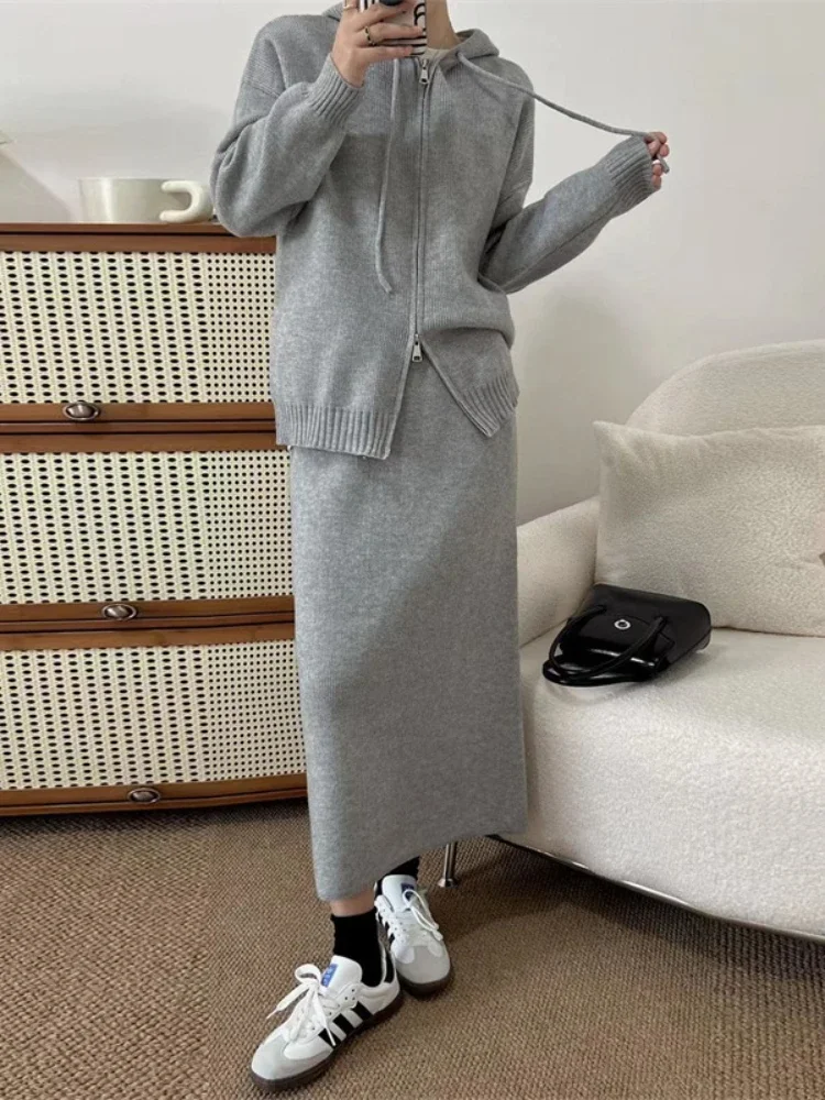 

Womens Korean Knitted Sweater Half Skirt Set Autumn Winter Knitted Hoodie Jacket Two Piece Sets Womens Outifits Women Clothes