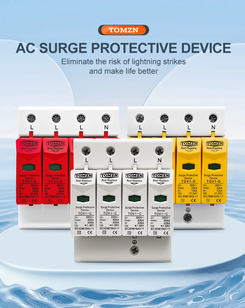 AC SPD 4P 3P+N 10-20KA 20-40KA 30-60KA 275V 385V House Surge Protector Protectiv