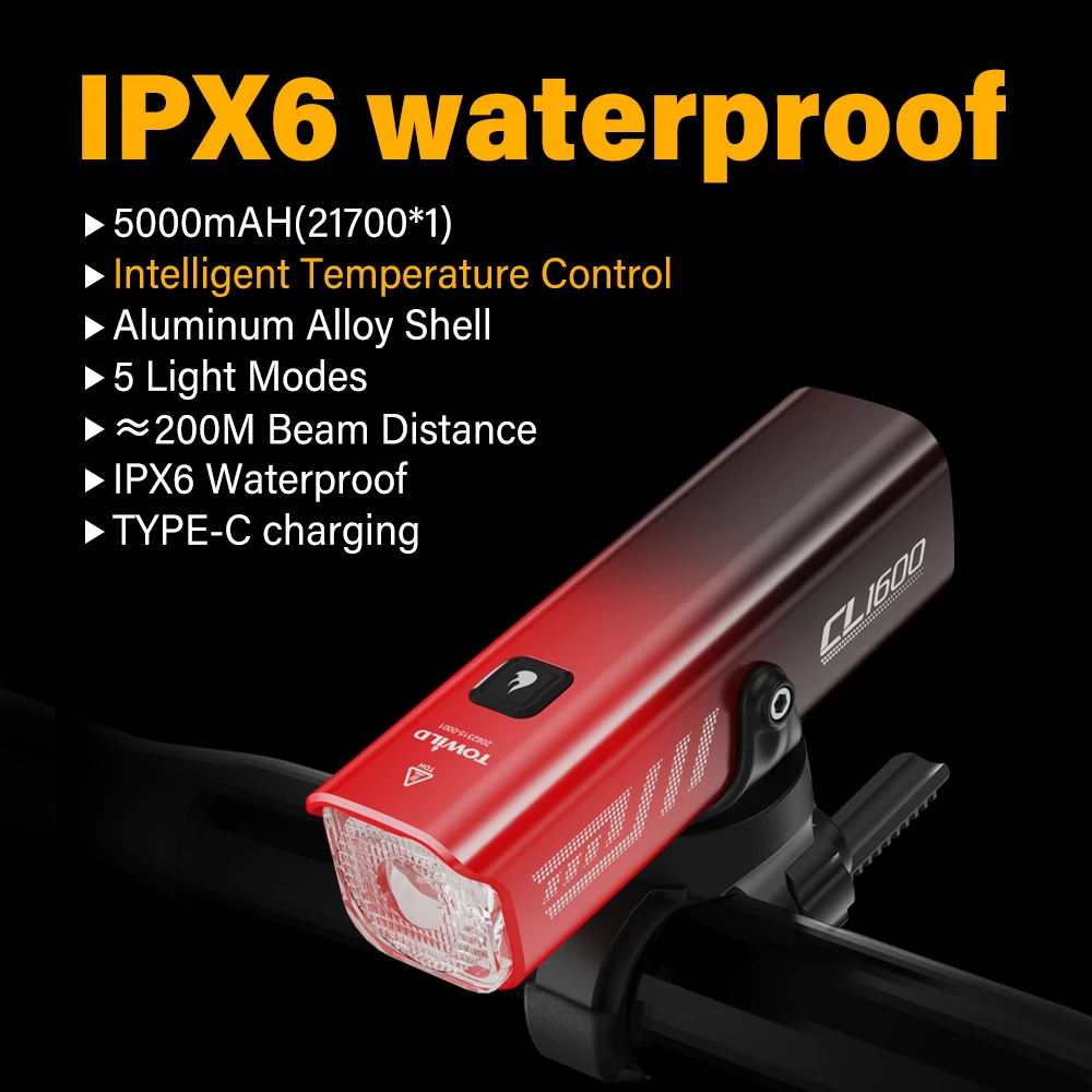 TOWILD CL1600LM 自転車ライト 5000mAh 自転車ライト IPX6 懐中