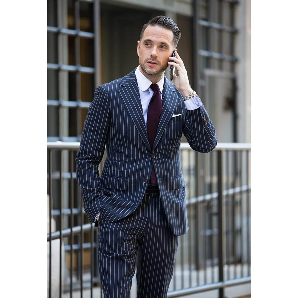 Men Suits 2 Piece Striped Notch Lapel Single Breasted Blazer with Pants Business Casual