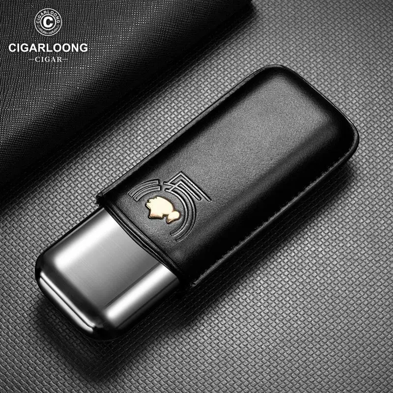 

Portable Stainless Steel Cigar Case Travel Cigar 2 Tube Anti-pressure Luxury Cow Leather Humidor Moisturizing Cigar Accessories