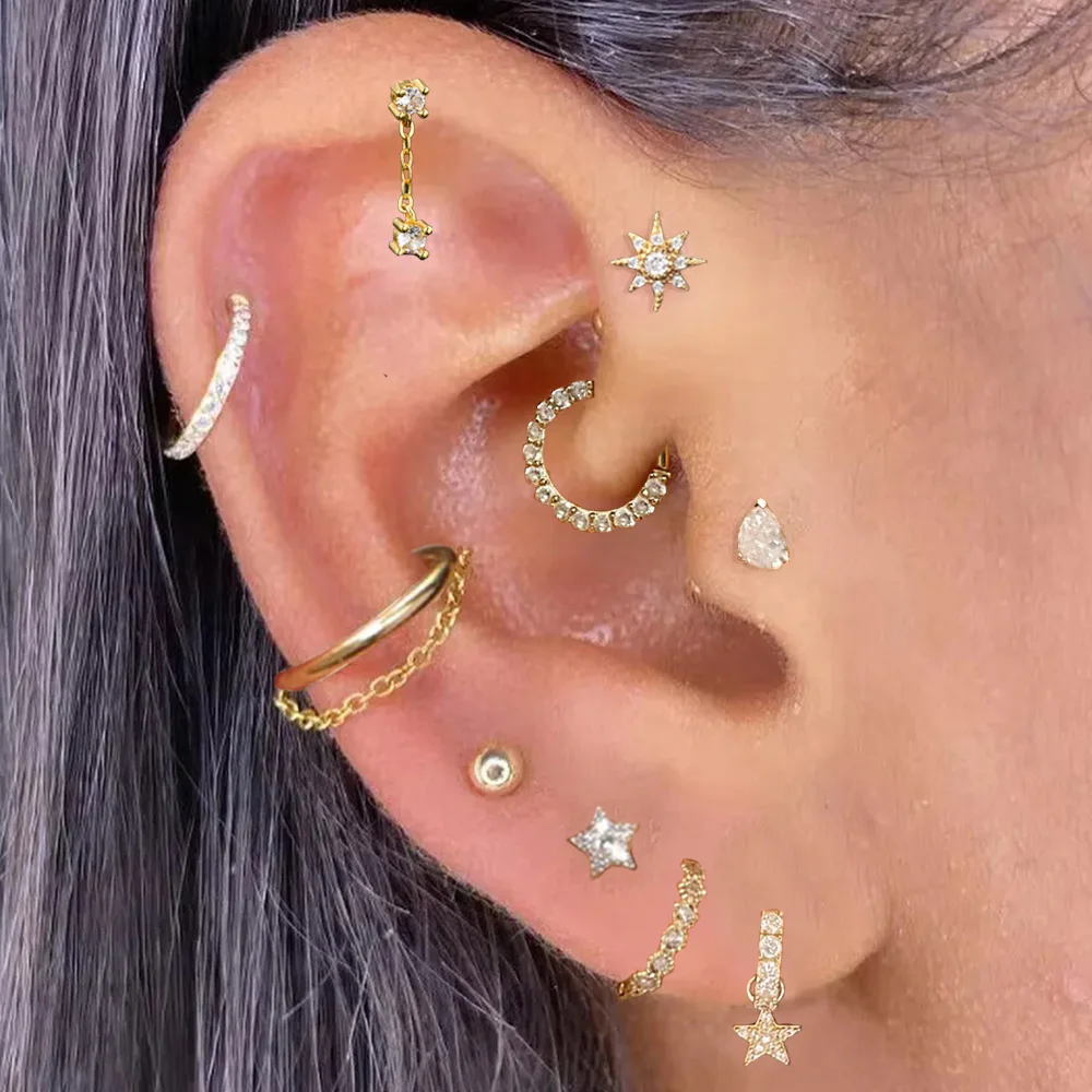 1pc Edelstahl Helix Daith Ohrringe für Frauen Star Clicker Ring Mit Kette Lobe Tragus Gemütliche Ohr Piercing Ohrringe schmuck – Detail 1