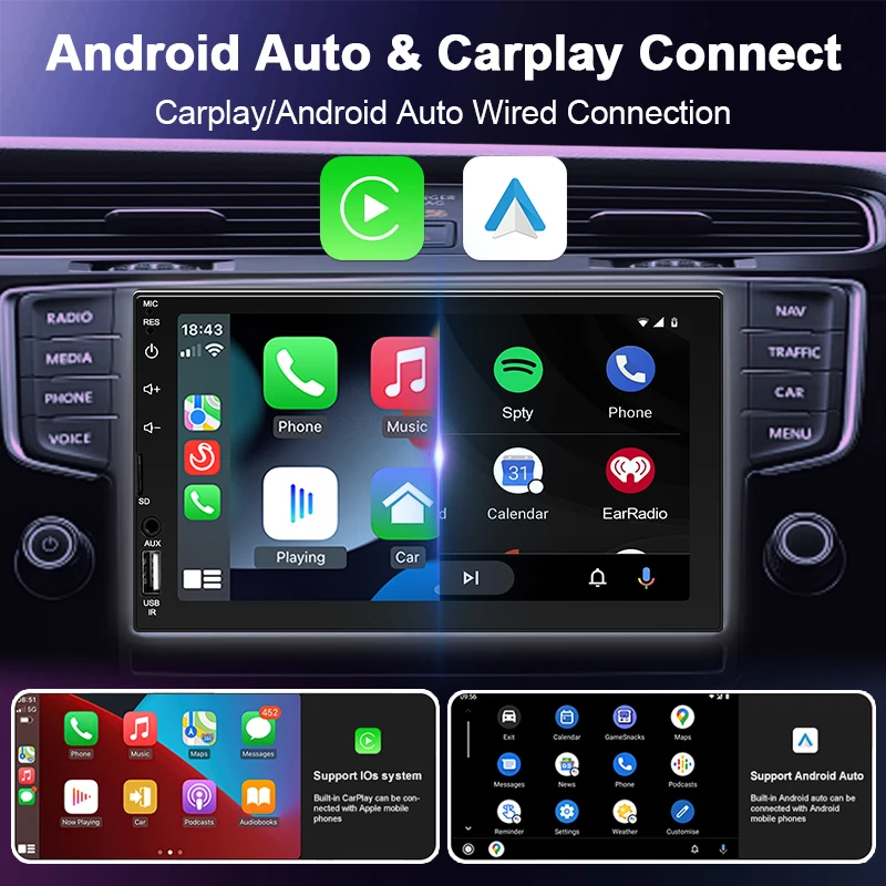 7“ 1 Din Car Radio Carplay Android Auto Multimedia Player Universal Autoradio HD