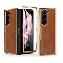 VIETAO Crazy Horse PU Leather Mobile Phone Case with Tempered Glass - Samsung Z Fold 2 (Brown)