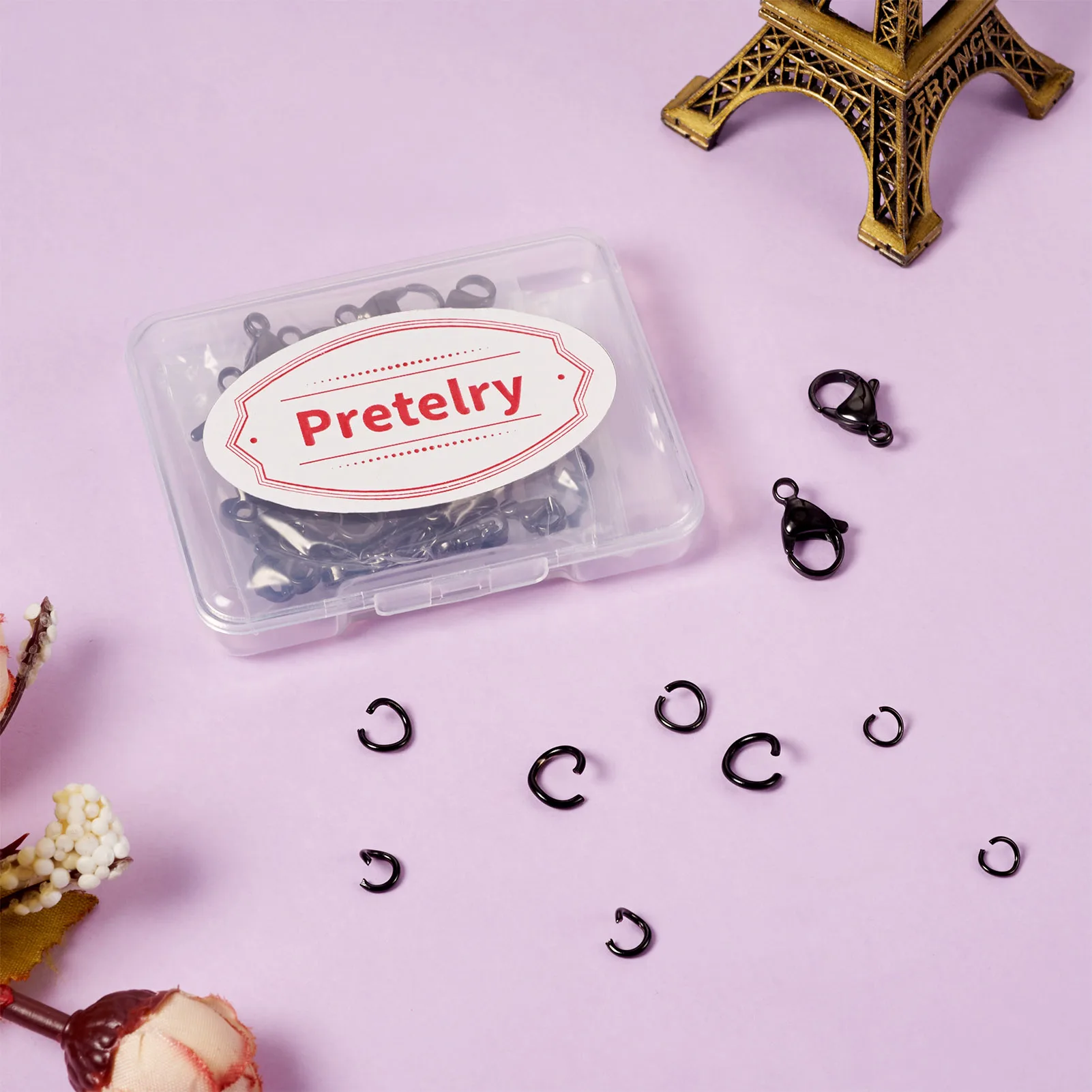 Pretelry Black Stainless Steel Lobster Claw Clasps with 4 Sizes Jump Rings End Connector Buckle Necklace Bracelet Jewelry Making
