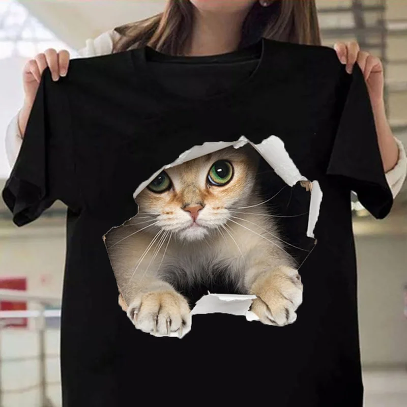 Cute Cat Print Tshirts For Women Summer Lovely Short Sleeve Casual