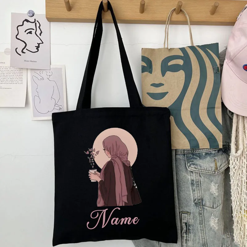 Personalized Customize Name Shoulder Bag Reusable Shopping Bag Folding Handbags Tote Bag Convenient Large-capacity Canvas Bag