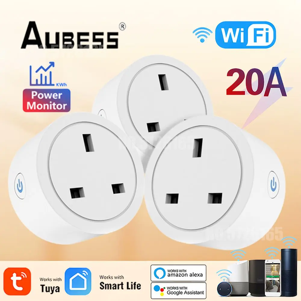 

TUYA WIFI 20A Smart Socket With Power Monitor Voice Control Timing UK Plug Home Power Socket Work with Alexa Google Assistant