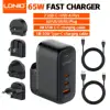 LDNIO 65W USB C Charger Travel Charger GaN Charger 3 Port International Plug Adapter EU UK US AU Travel Plug Adapter Power Cord