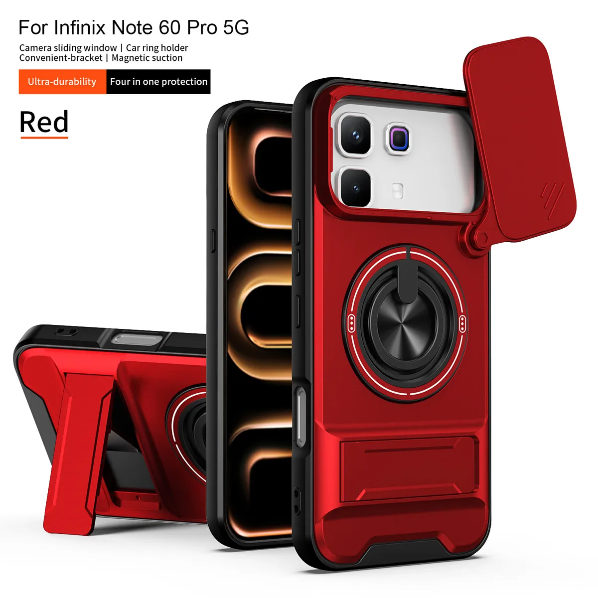 Armor  Shockproof Case with Slide Lens Protector and Magnetic Ring Holder
