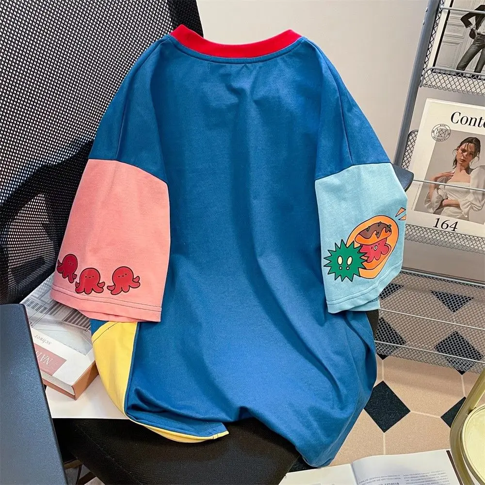 Harajuku Sweet Cartoon Print O-neck T-shirts Y2k E-Girl Patchwork Short Sleeve Tee Shirt Summer New Loose Tops Women Japanese 3