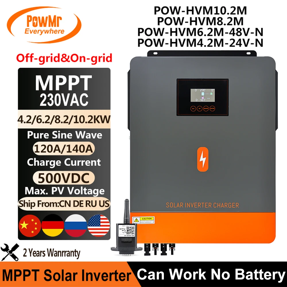 Powmr 10.2/6.2/4.2Kw 48/24V Off Grid/On Grid Inverter Solare Ibrido Uscita 230Vac Pv 500Vdc Con Controller Caricabatterie Mppt 160/120A