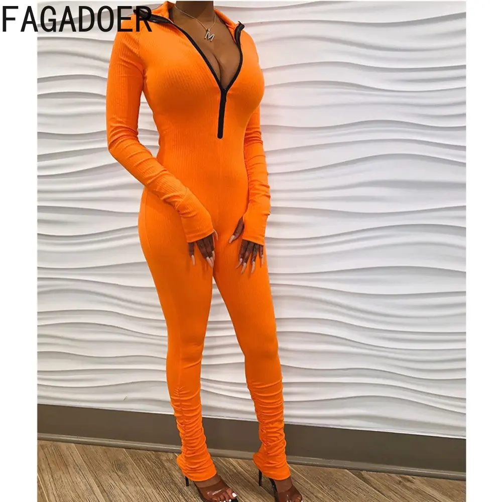 

FAGADOER Women Fall Winter Turtleneck Bodycon Jumpsuits Casual Zipper Long Sleeve Ribber Playsuits Female Stacked Pants Overalls