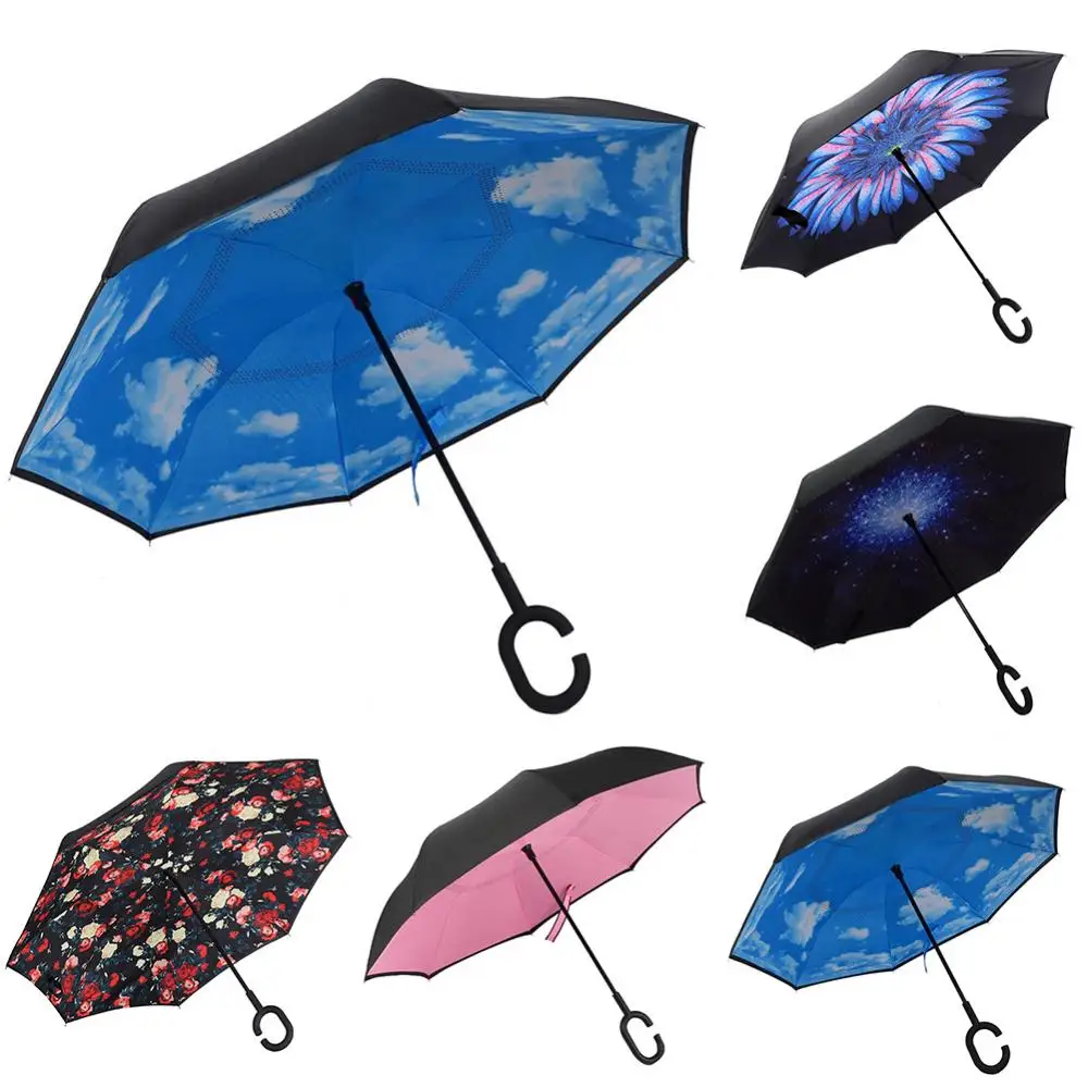 WindproofDoubleLayerAntiUVUmbrellaLadyCShapedHandleInverted