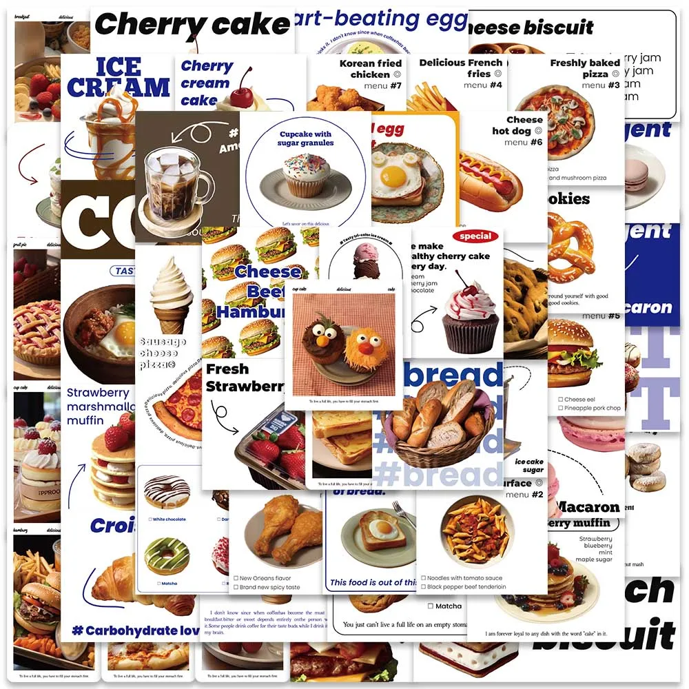 50pcs Ins Style Classic Burger Cake Bread Food Stickers For Laptop Guitar Luggage Diary Waterproof Graffiti Vinyl Decals