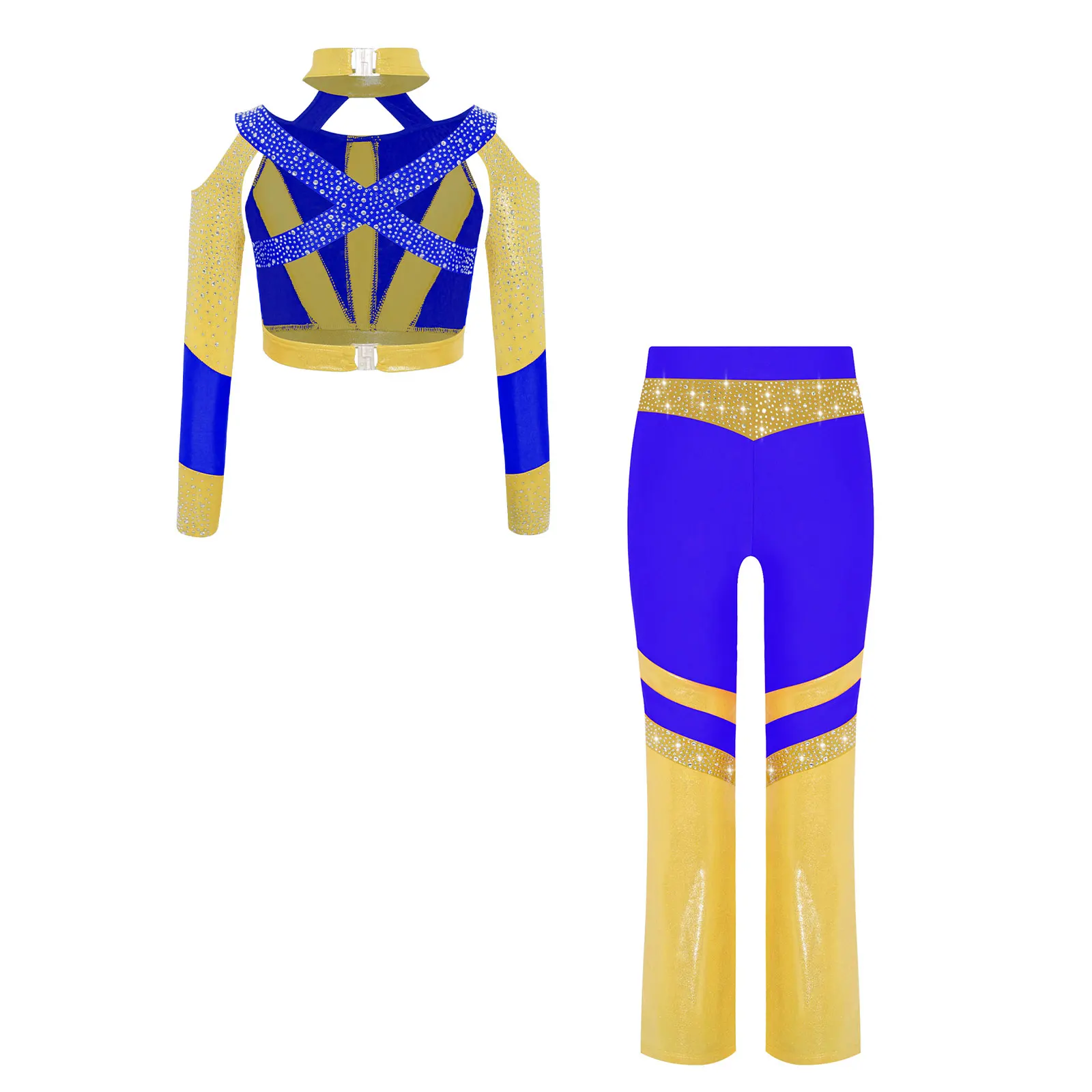 Kinder Mädchen Rhythmische Gymnastik Akrobatik Eiskunstlauf Ballett Jazz Tanzkostüm Glänzendes Strass-Crop-Top mit Schlaghose – Detail 14