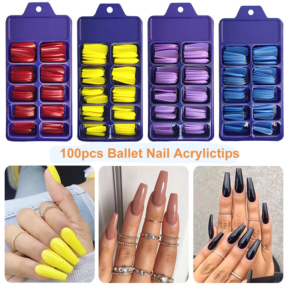 100pcs Nude Acrylic Extension Fake Nails Keen French Long Ballet False Nail DIY Nail Coffin Artifical Acrylic Tips Nail Art Tool