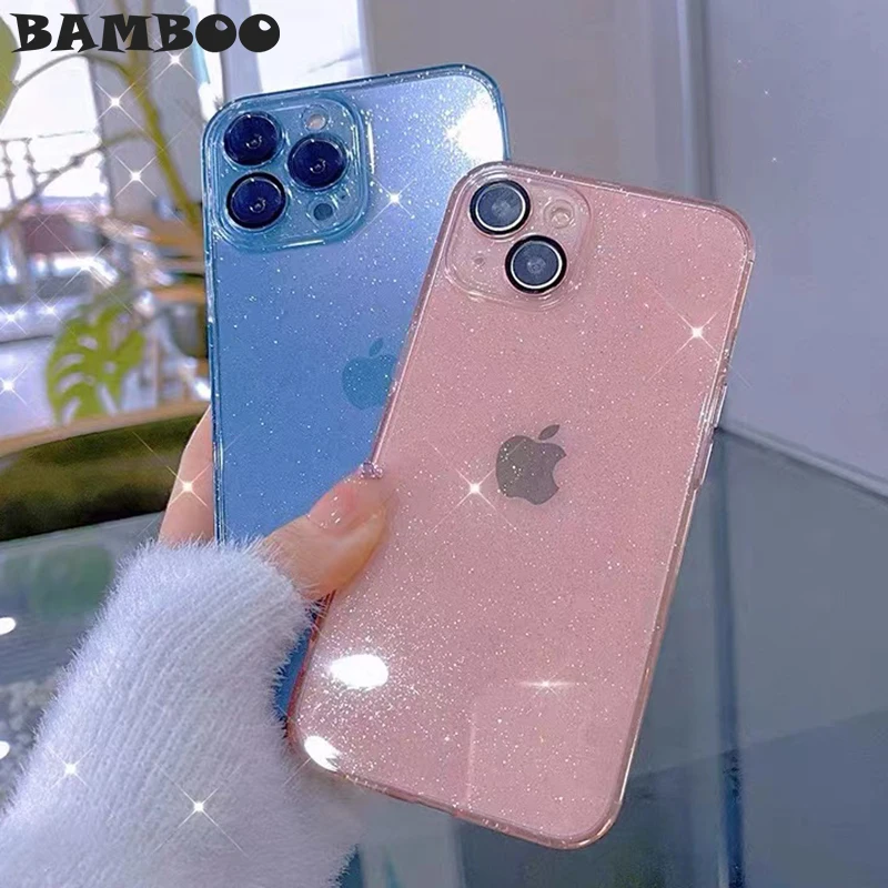 

INS Luxury Bling Sparkle Soft Silicone Case for iPhone 11 12 13 Pro Max Candy Color Glass Camera Protection Clear Glitter Cover