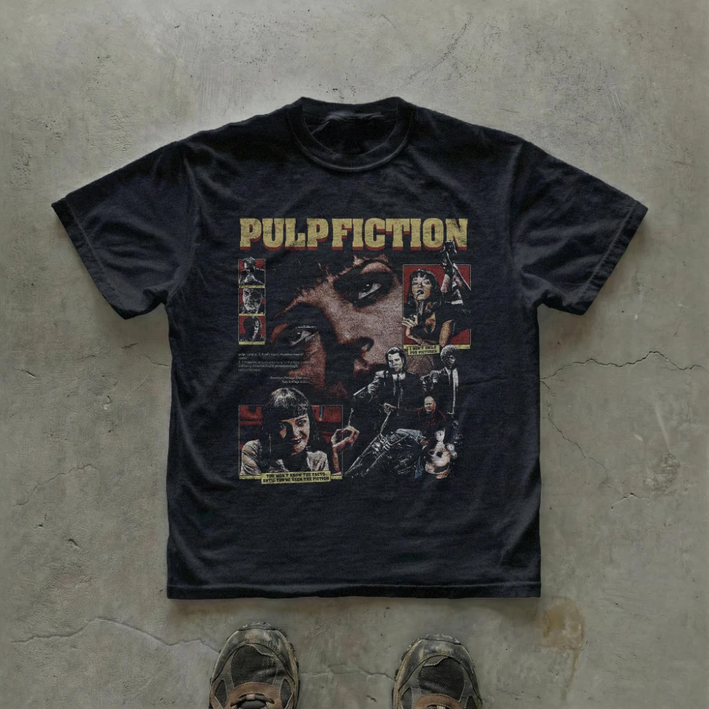Vintage Pulp Fiction Grafik-T-Shirt Retro-Filmplakat-Collage Unisex-T-Shirt Kult-90er-Kino-Film-T-Shirt Quentin Tarantino