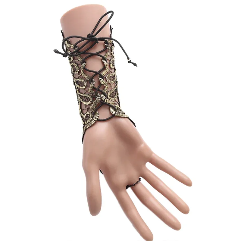 Gothic Steampunk Lace Cuff Fingerless Glove Arm Warmer Bracelet Black Gold Gloves