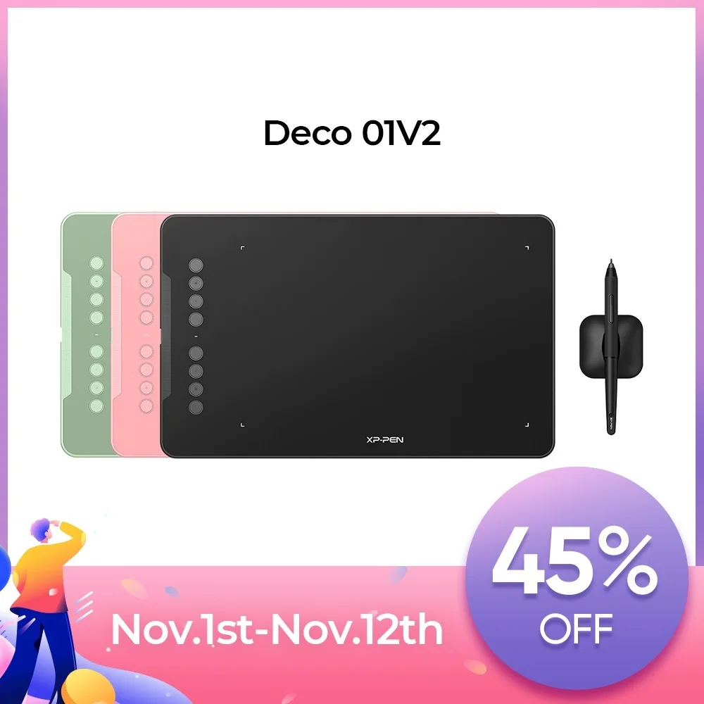 

New Deco 01 V2 Graphic Digital Drawing Tablet 10*6 inch 8 shortcut keys 8192 levels 60 Degrees Tilt for Windows mac Android