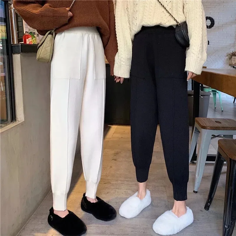 

2023 New Grandma Pants Spring and Autumn Knitted Pants Women's Loose Solid Color Pants Casual High Waist Warm Versatile Pants