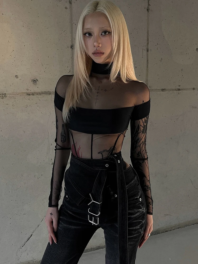Nibber Patchwork Half Turtleneck Bodysuits Women See Through Fake Fishbone Decoration Sexy Party Street Fashion Midnight Outfit