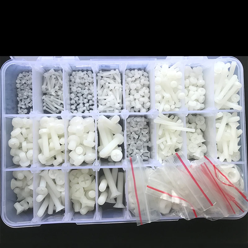 1275pcs White Nylon Screw Nut Washer Set M2 M2.5 M3 M4 M5 M6 Nylon Countersunk Round Head Cross Screw Plastic Phillips Flat Head