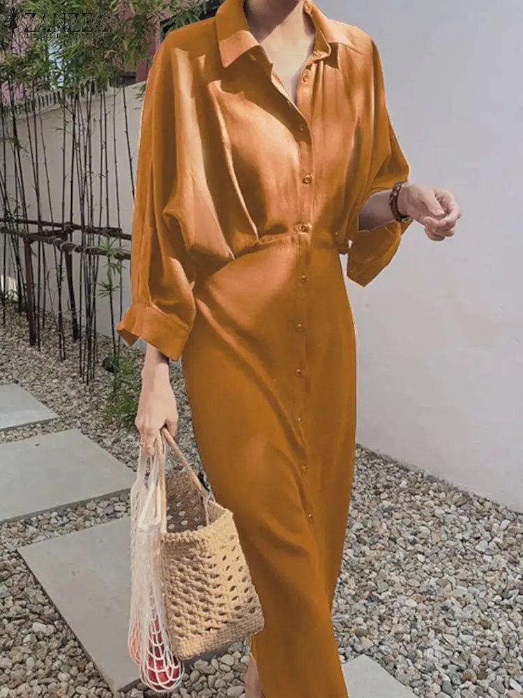 

ZANZEA Fashion OL Dress Summer Women Lapel Neck Long Sleeve Shirtdress Femme Elegant Party Vestidos Casual Office Work Sundress
