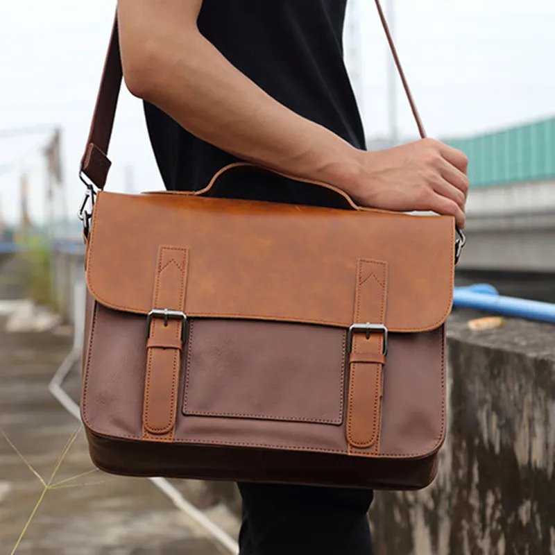 Vintage PU Leather Men Briefcases Business File Document Handbag Luxury Laptop Bag Large Capacity Male Shoulder Messenger Bags