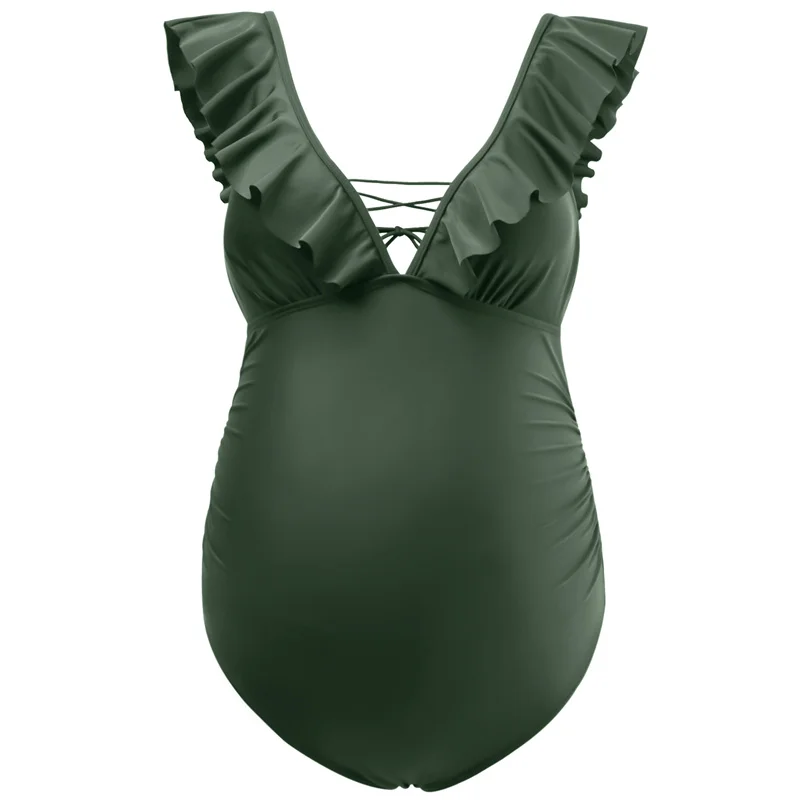 Maternity Swimsuits One Piece Cute Ruffle Pregnancy V-Neck Bathing Suits Lace-up Backless Swimwear Outfit