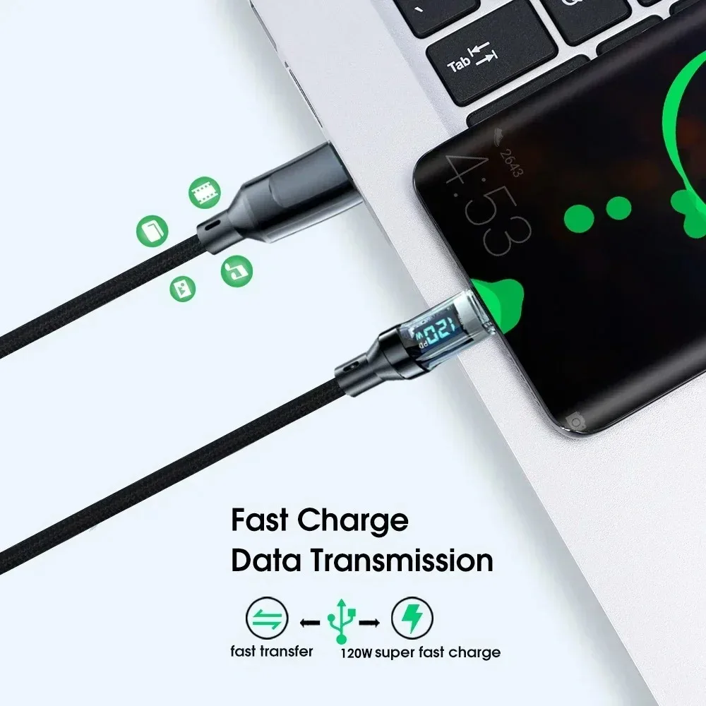 120W USB Type C Cable Super Fast Charging Cable With LED Display 100W PD Type-C Data Cord For Universal USB Charging USB C Cable