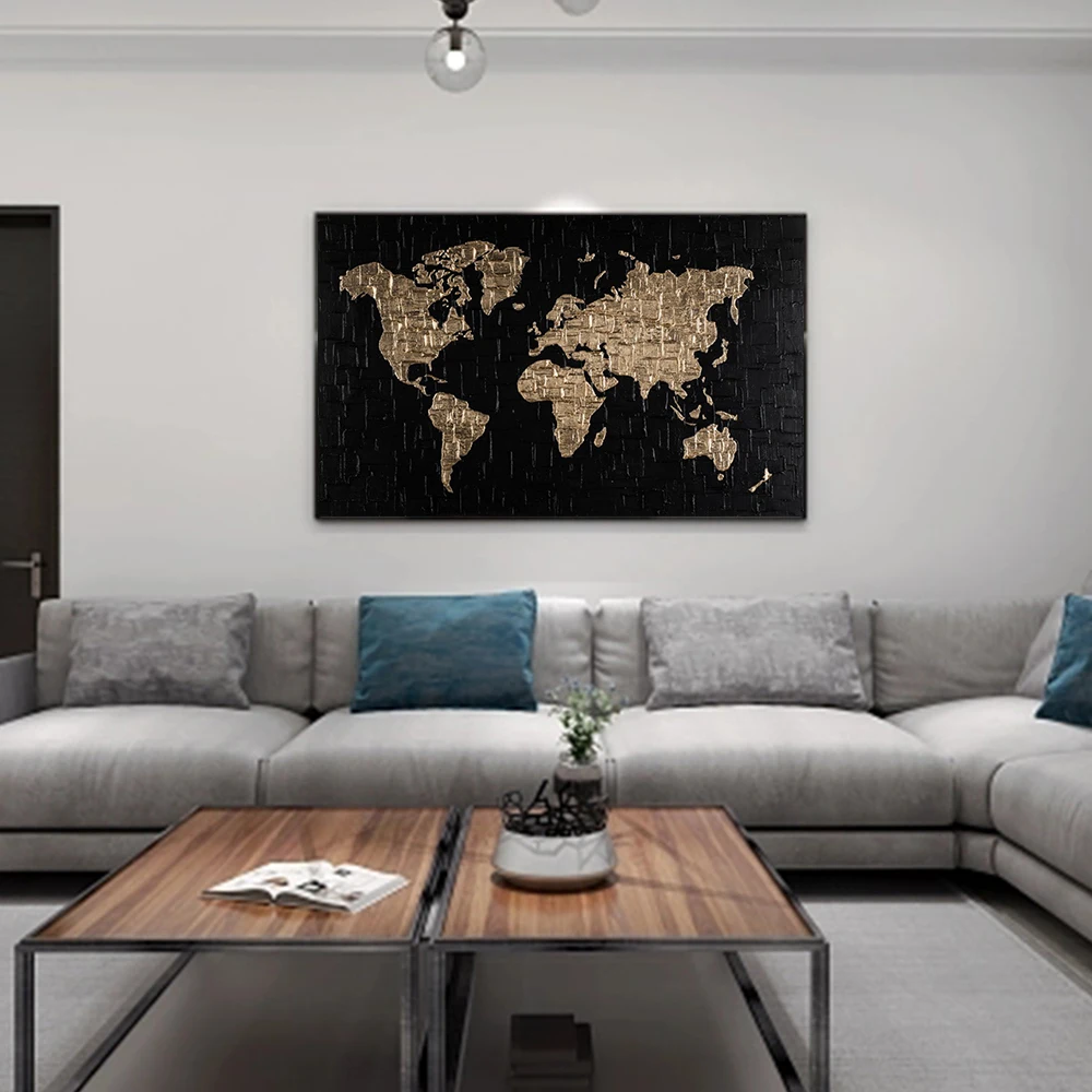 

HUACAN New Arrival Abstract Handmade Wall Art Decorative Hand-Painted Oil Painting Map Mural Canvas
